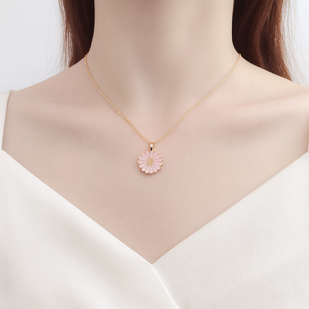 Baby Pink Daisy Pendant Necklace – Gold Chain