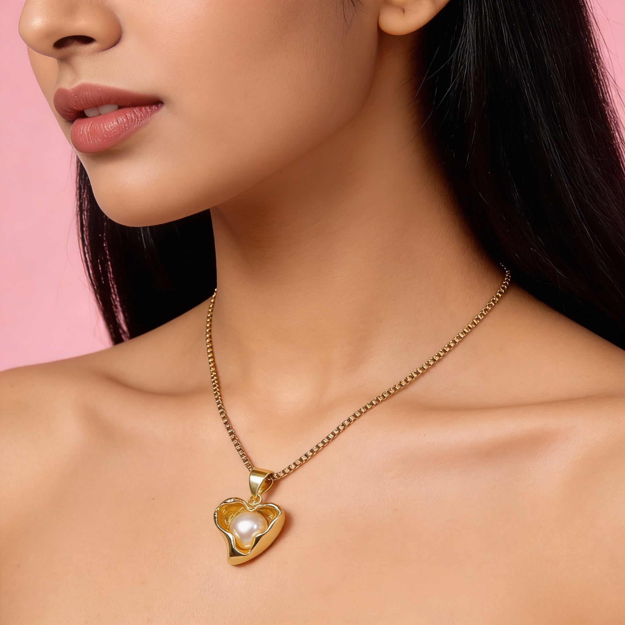 Golden Pearl Heart Necklace,