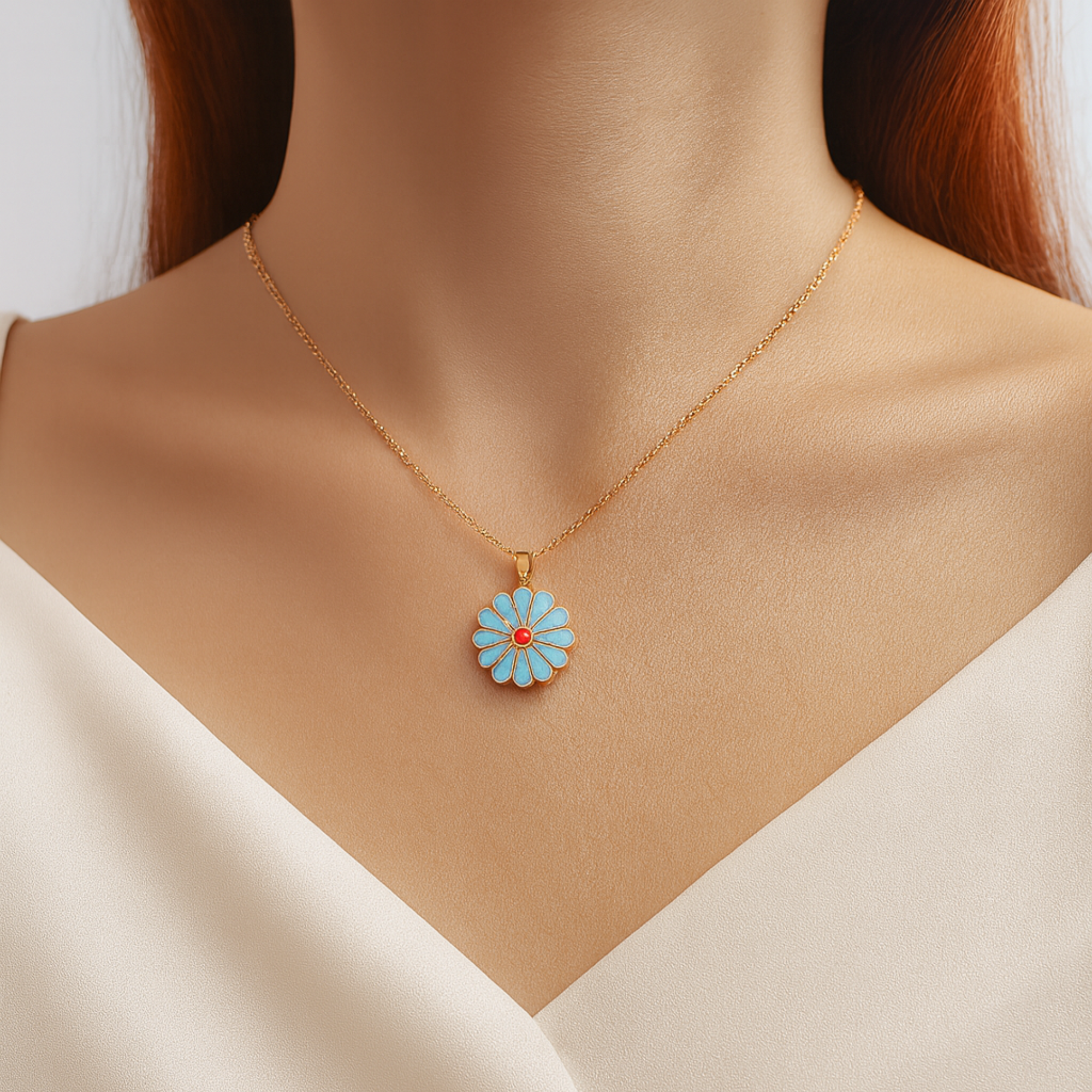 Sky Green Daisy Pendant Necklace – Gold Chain