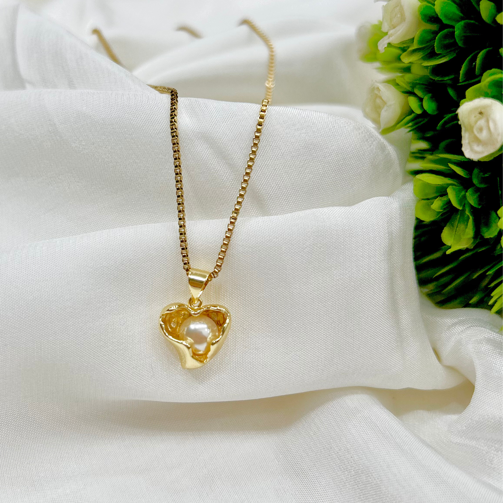 Golden Pearl Heart Necklace,